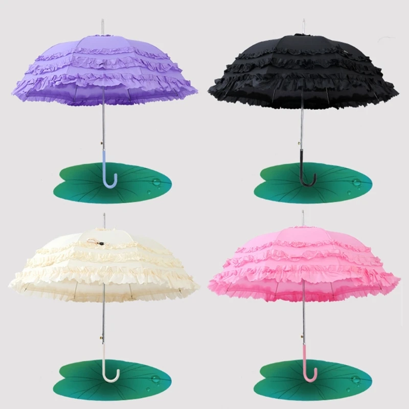 Gothic Lolita Cute Princess Lace Umbrella Long Handle Semiautomatic Large Marriage Parasol for Women