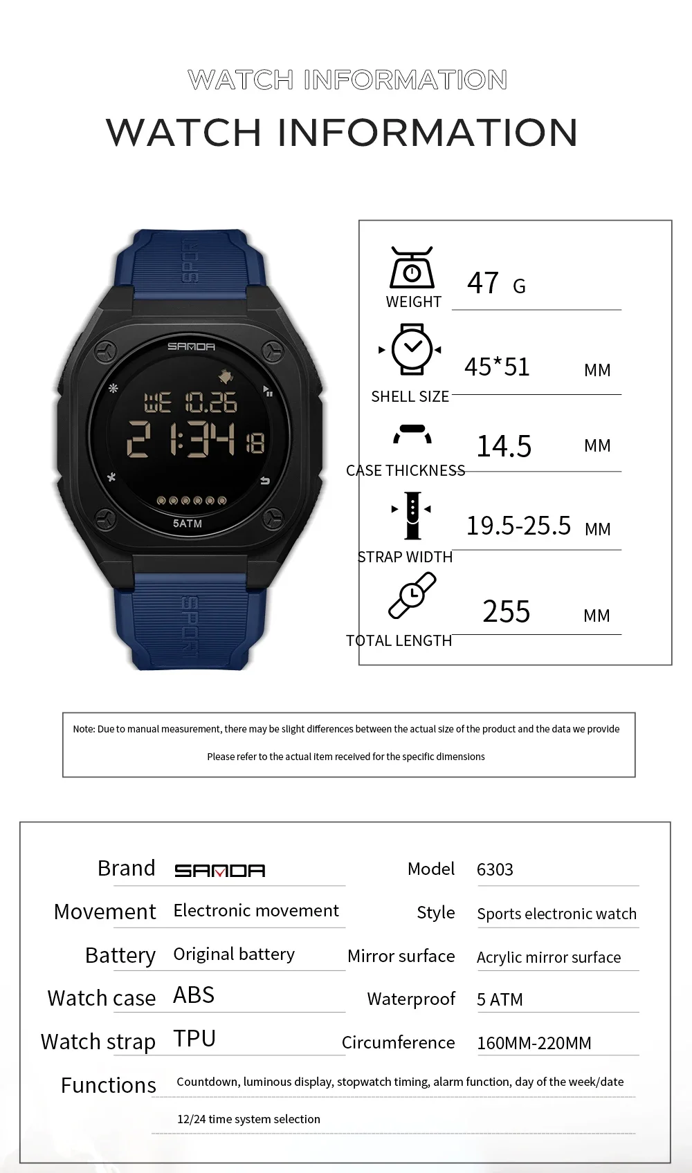 SANDA 6303Outdoor Sports Fashion Electronic Men's Watch Multi functional Alarm clock Chronograph Calendar Waterproof Men's Watch view 4
