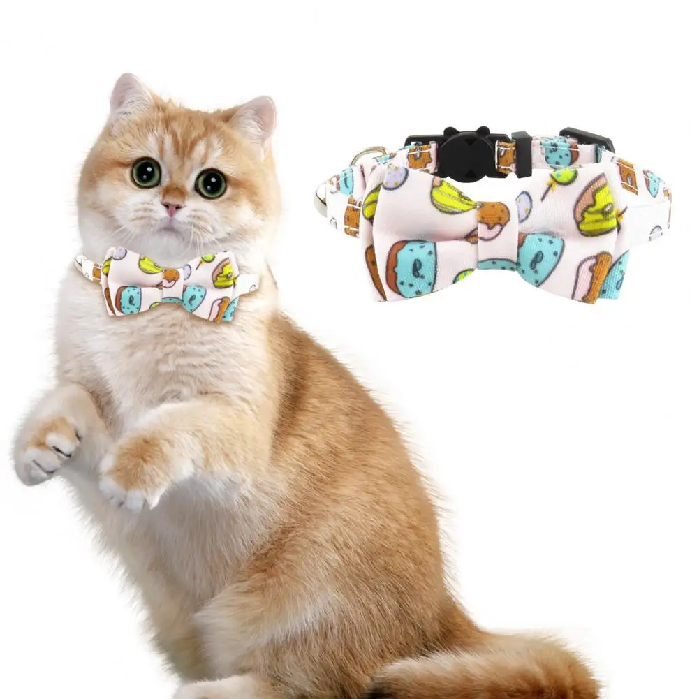 

Adjustable Length Pet Collar Food-themed Print with Rust-free Bell Safety Buckle Cute Bow for Small