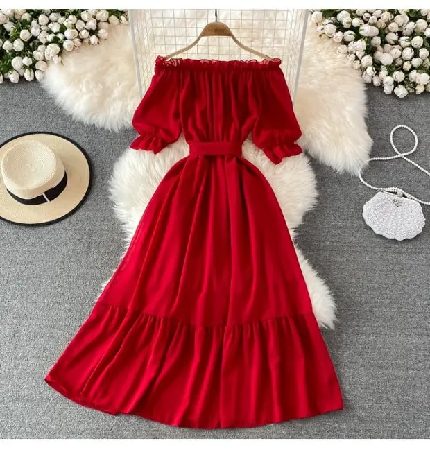 Beach Dress Women Sexy Off The Shoulder Slash Beach Chiffon Dresses Ladies Elegant A Line Bandage Party Dress Long Robe