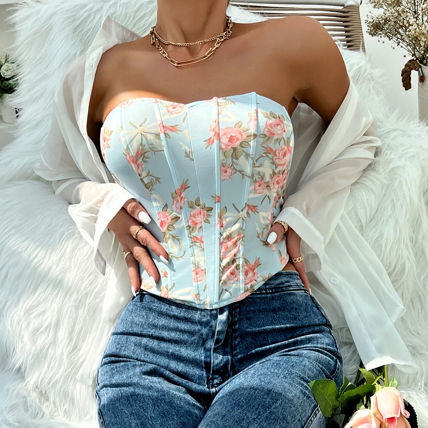 

DIWU 2023 y2k Tops Women Sexy Low Cut Backless Flower Wrapped Zevity Chest Rhombus Fishbone Tunic Small Traf Vest
