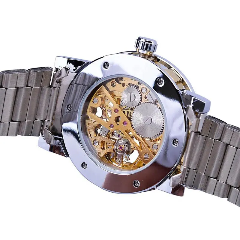 Mechanical Watch Men 1pc Silver Exquisite Diamond Gear Movement Business Luxury Gift