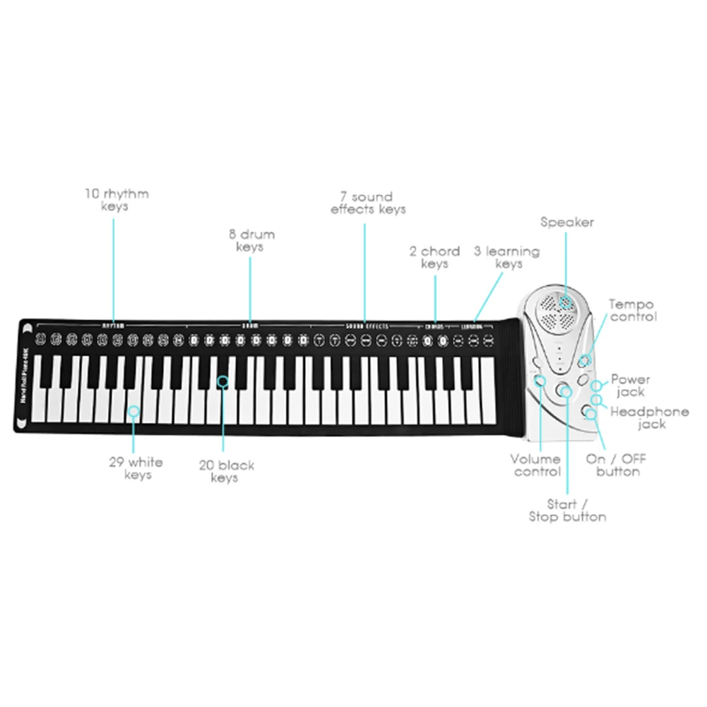 Portable 49-Key Flexible Silicone Roll Up Piano Folding Electronic Keyboard