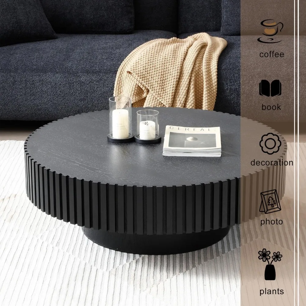 31" Round Black Coffee Table for Living Room, Mid Century Modern Coffees Tables with Sturdy Pedestal, Coffee Table 4