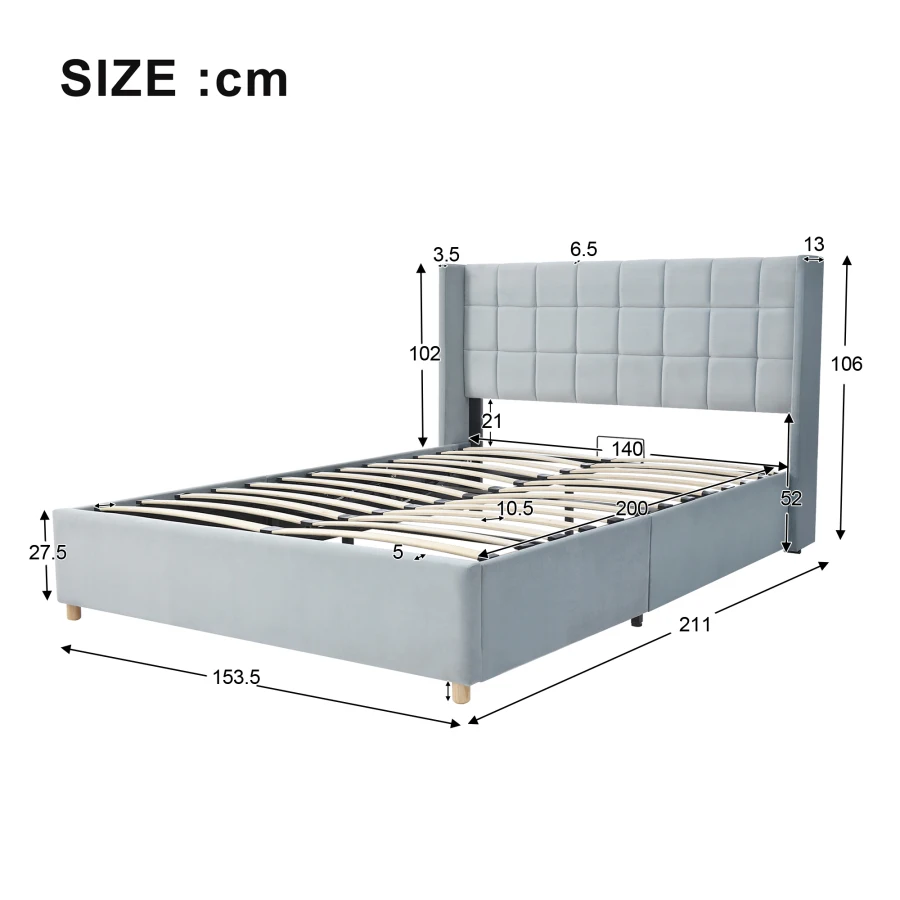Double bed, Upholstered bed with hydraulic rod, Hydraulic