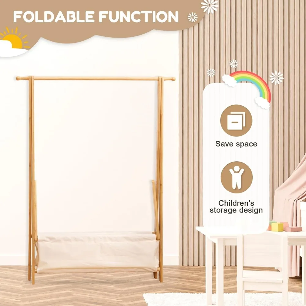 Kids Clothing Rack with Storage Box, Dress up Rack, Child Garment Rack with Hanging Rods, Small and Foldable, Bamboo (Natural)