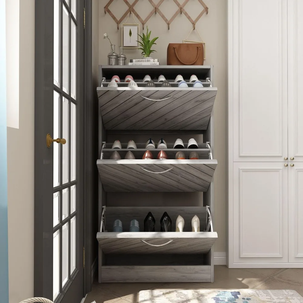 Modern Shoe Cabinet with 3 Flip Drawers, Freestanding Shoe Storage Cabinet, Slanted Design, Shoe Storage Organizer for Hallway 4