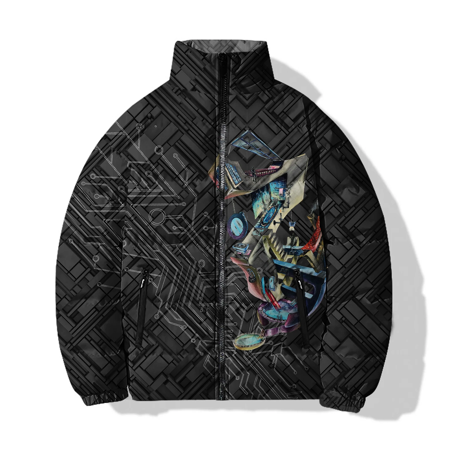 thumbnail image 1 of Abrigo frío de moda para hombre para invierno Chaquetas para hombre 2024 Parkas con estampado 3D de rayas de búho y estrella de cinco puntas que mantienen el calor Durable para hombre, 1 of 5