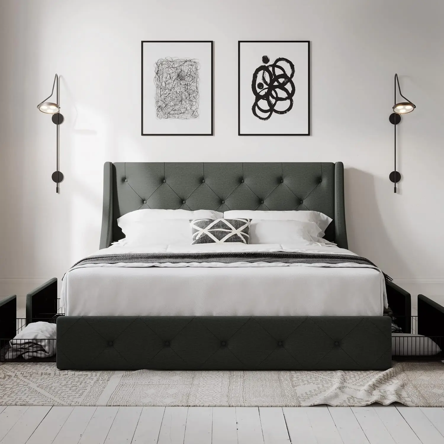 

Full Size Bed Frame with 4 Storage Drawers and Wingback Headboard, Button Tufted Design, No Box Spring Needed, Dark Grey