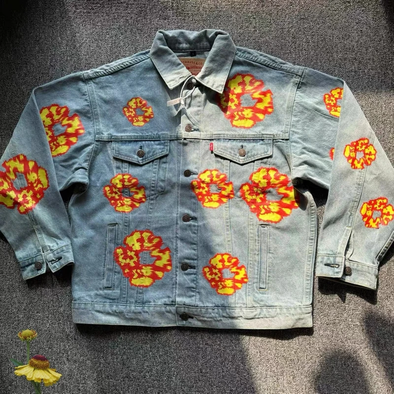 

Hip Hop Retro Flame Kapok Print Denim Tears Jacket Tops Men Women Oversize Winter Comfort Cotton Clothes Ready Made Tears Coat