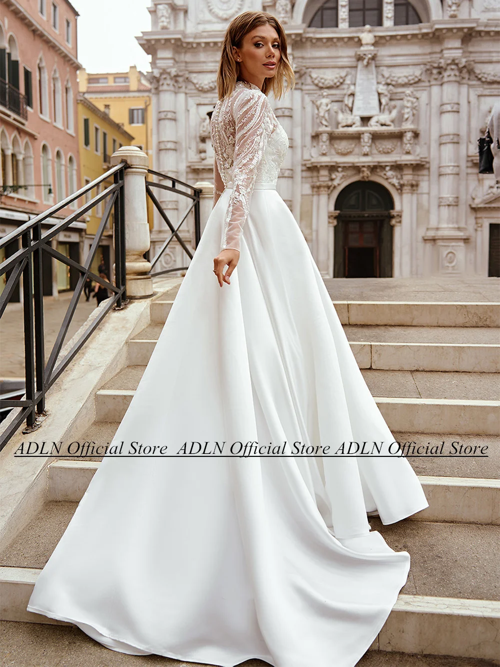 Fashion Wedding Dress High Neck Sheer Long Sleeves Sequined Applique A Line Satin Bride Dresses Woman Bridal Gown Vestido Noiva 2