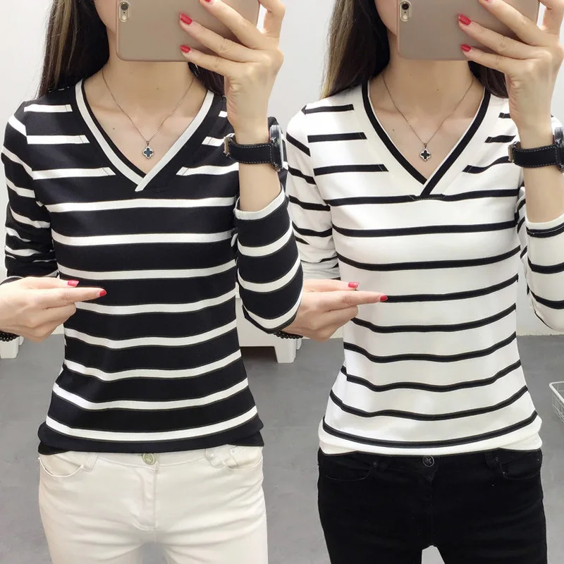 Women Striped V Neck Long Sleeve T Shirts
