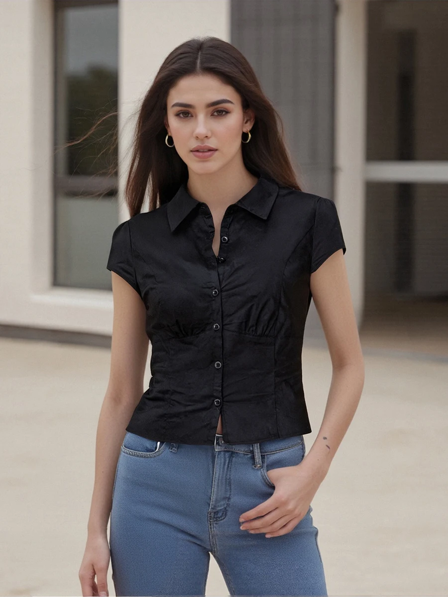 Casual Solid Color Button Down Shirt with Short Sleeves for Women Stylish Crop Top Blouse for Streetwear Fashionistas