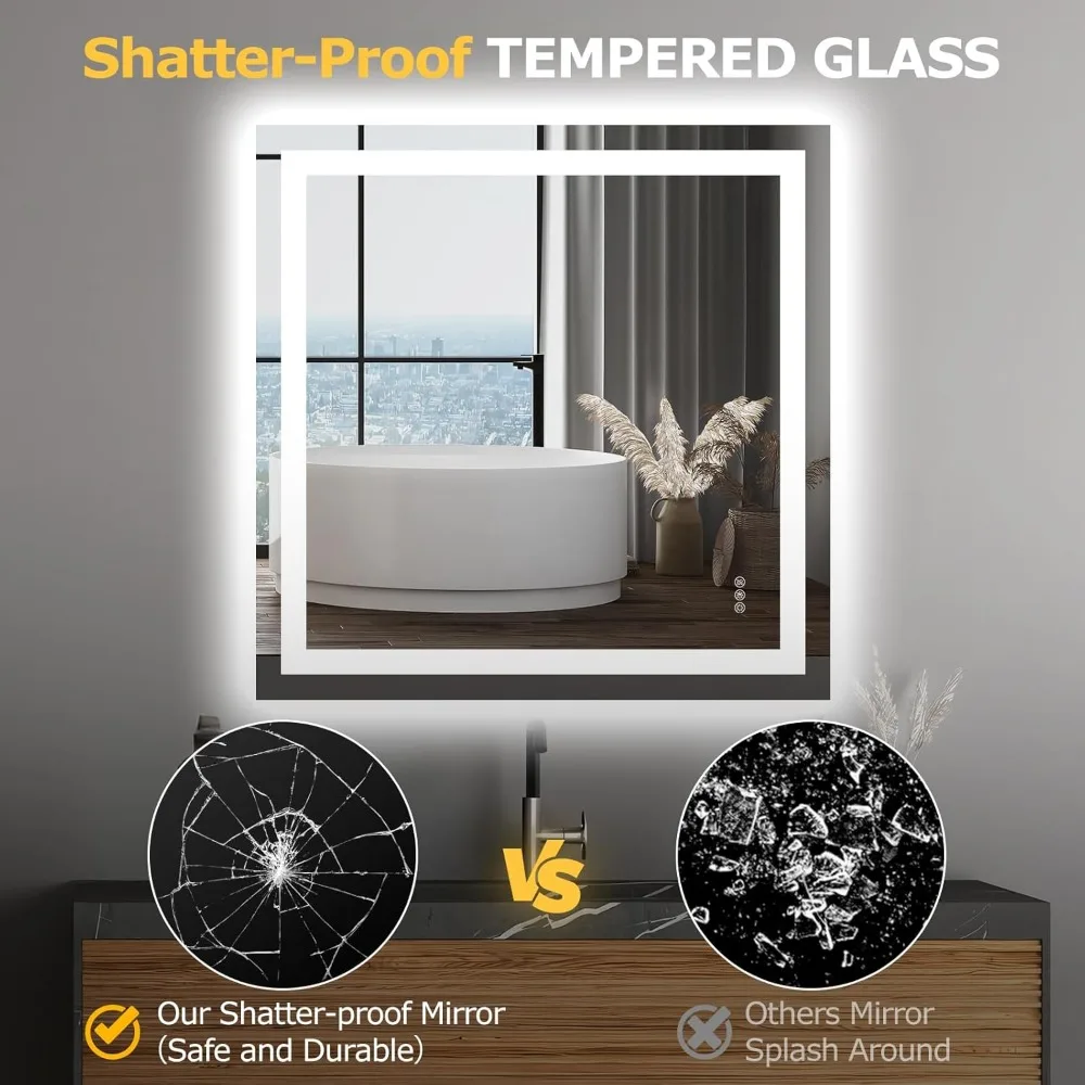 LED Bathroom Mirror Lights 36"x 36" Wall Vanity LED Stepless Dimmable,Double Front and Backlight,Anti-Fog,Memory Smart Mirror