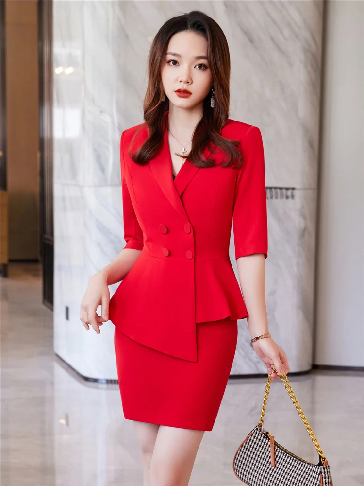 Red Skirt Suit 2 Pieces Set Fashion Business Women Suit Office Ladies Work  Wear Uniform Interview Thin Blazer Hlaf Sleeve Top - AliExpress