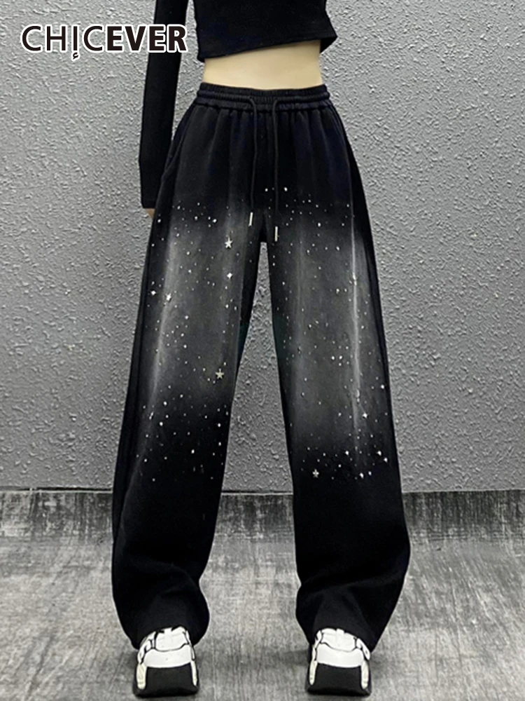 

CHICEVER Casual Hit Color Trousers For Women High Waist Patchwork Pockets Streetwear Loose Spliced Diamond Wide Leg Pant Female