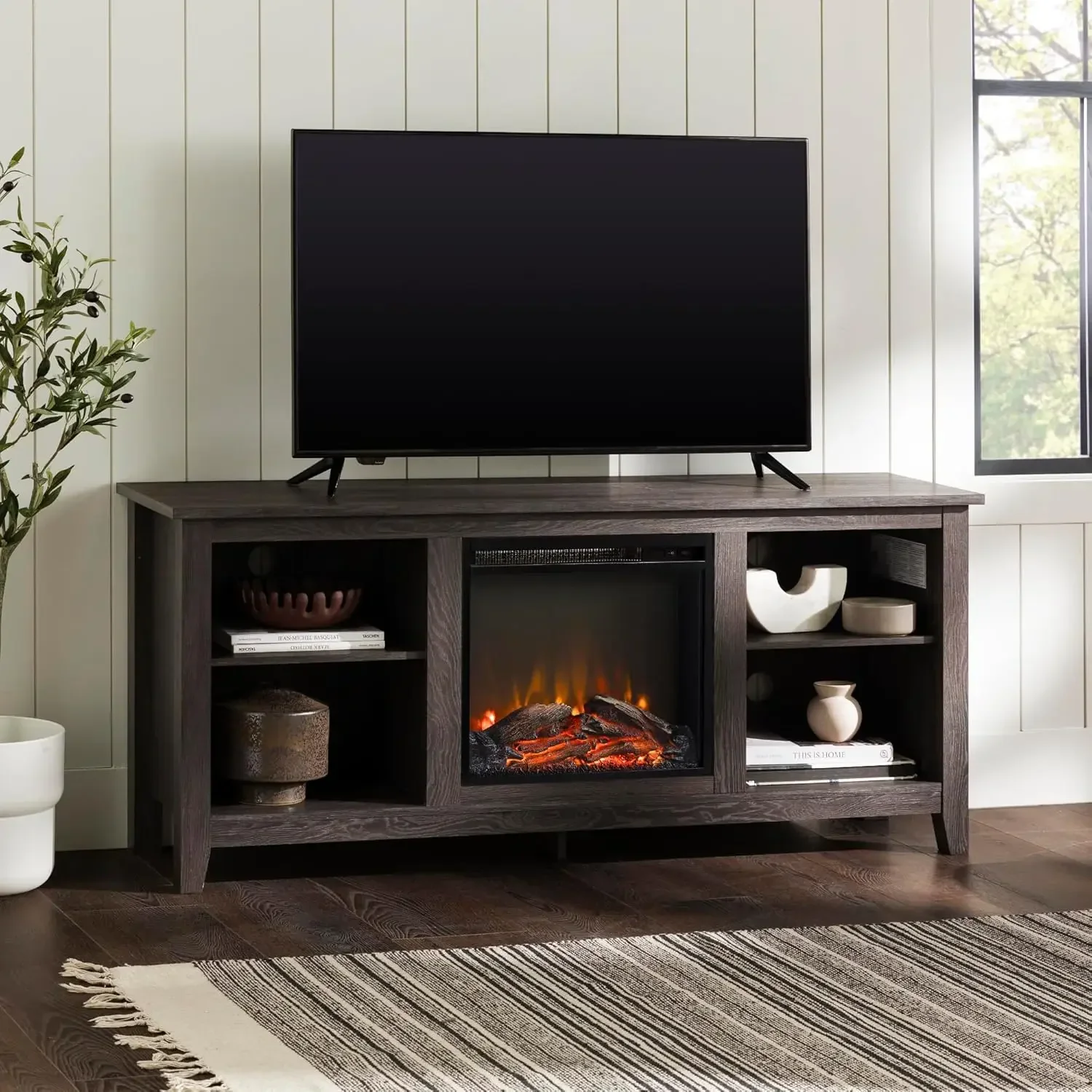 Wren Classic 4 Cubby Fireplace TV Stand for TVs up to 65 Inches, 58 Inch, Charcoal 4