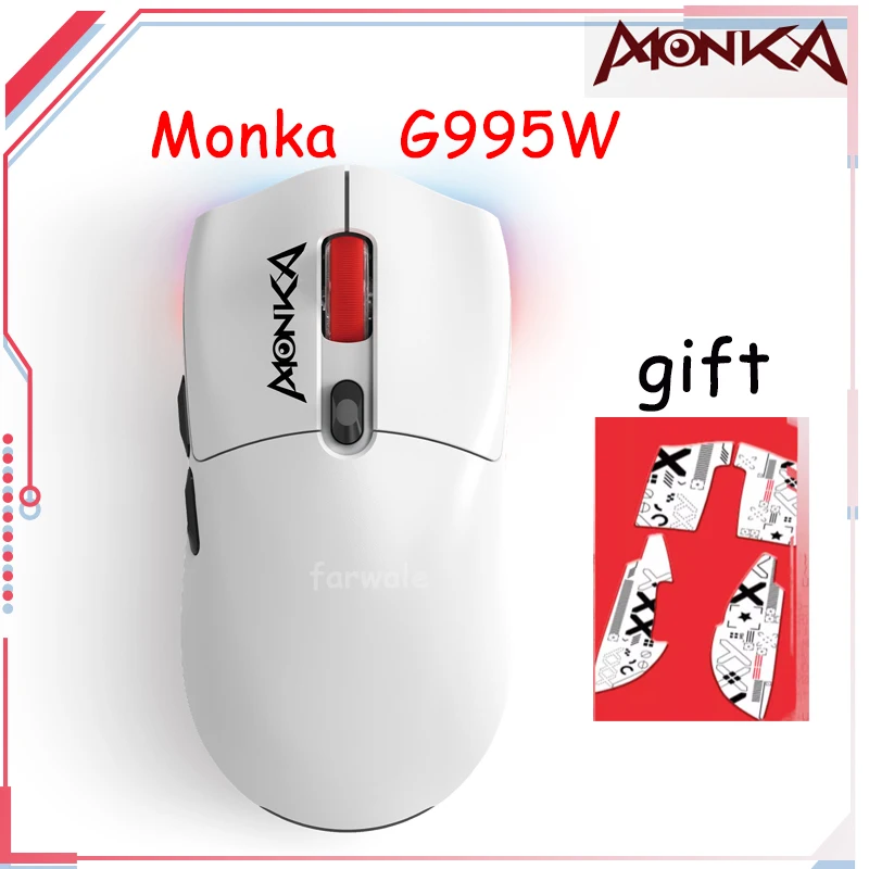 

Мышь Monka G995W Paw3395 58g легкая игровая Проводная/2,4g/ Bluetooth, три режима, мышь для киберспорта, для геймеров, ноутбука, офиса, Mac