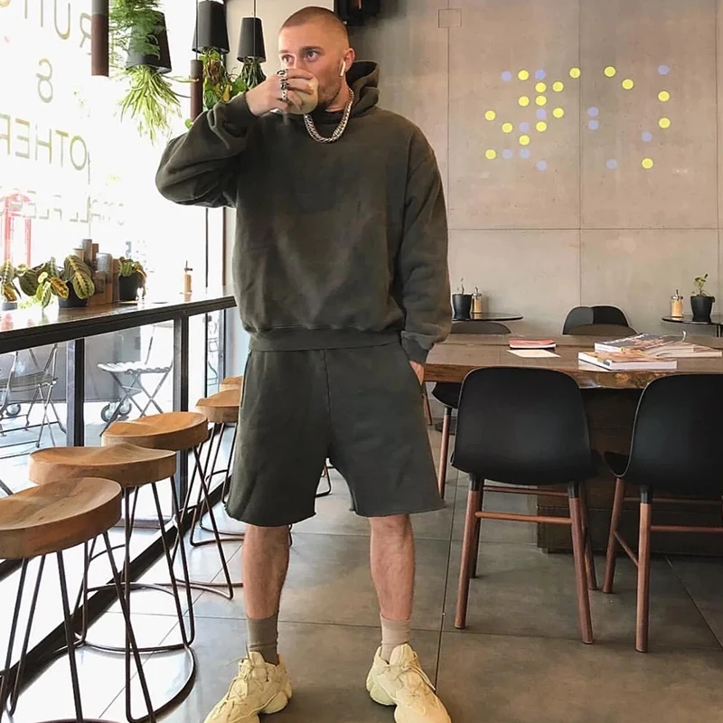 

Шорты-багги для бега Kanye West, уличная одежда в американском стиле, варенные однотонные спортивные короткие штаны до колена, летние мужские спортивные шорты