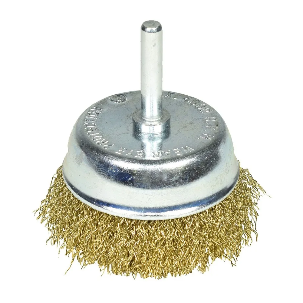Wire Cup Brush 75mm Brass Coated Steel Wire 6mm Shank 4500 RPM For