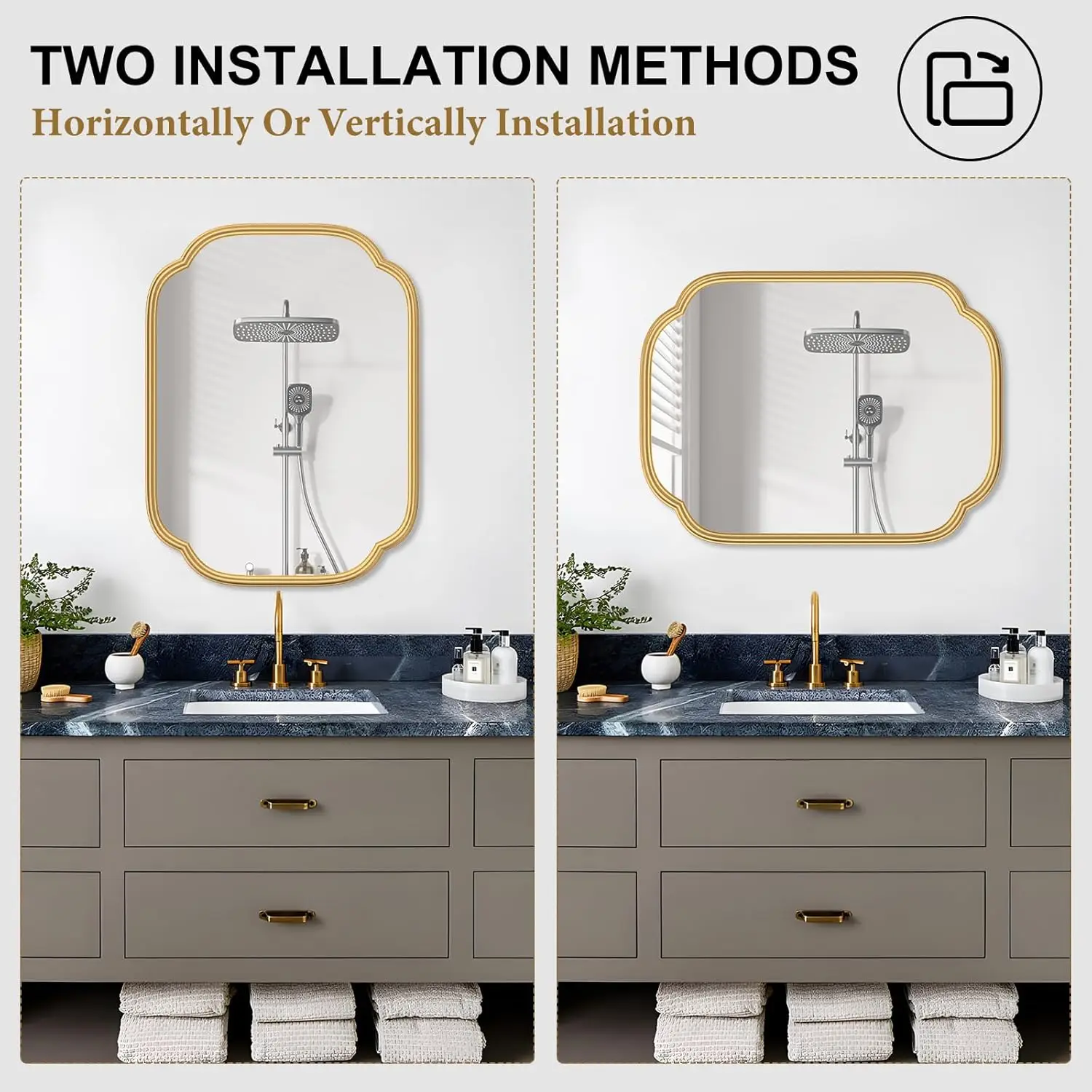 Gold Bathroom Mirror. 18"x24". Rectangular. Metal Frame. Farmhouse Style. Rounded Corners. Horizontal/Vertical.