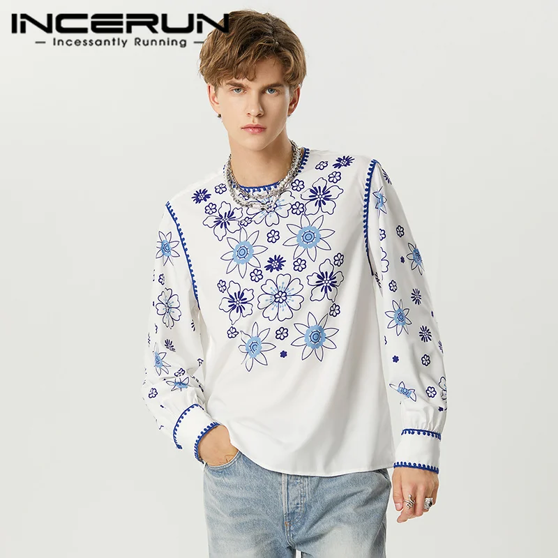 

Красивые хорошо облегающие Топы INCERUN, Мужская модная рубашка с цветочным принтом, Повседневная Лоскутная полосатая блузка с длинным рукавом, модель 2023