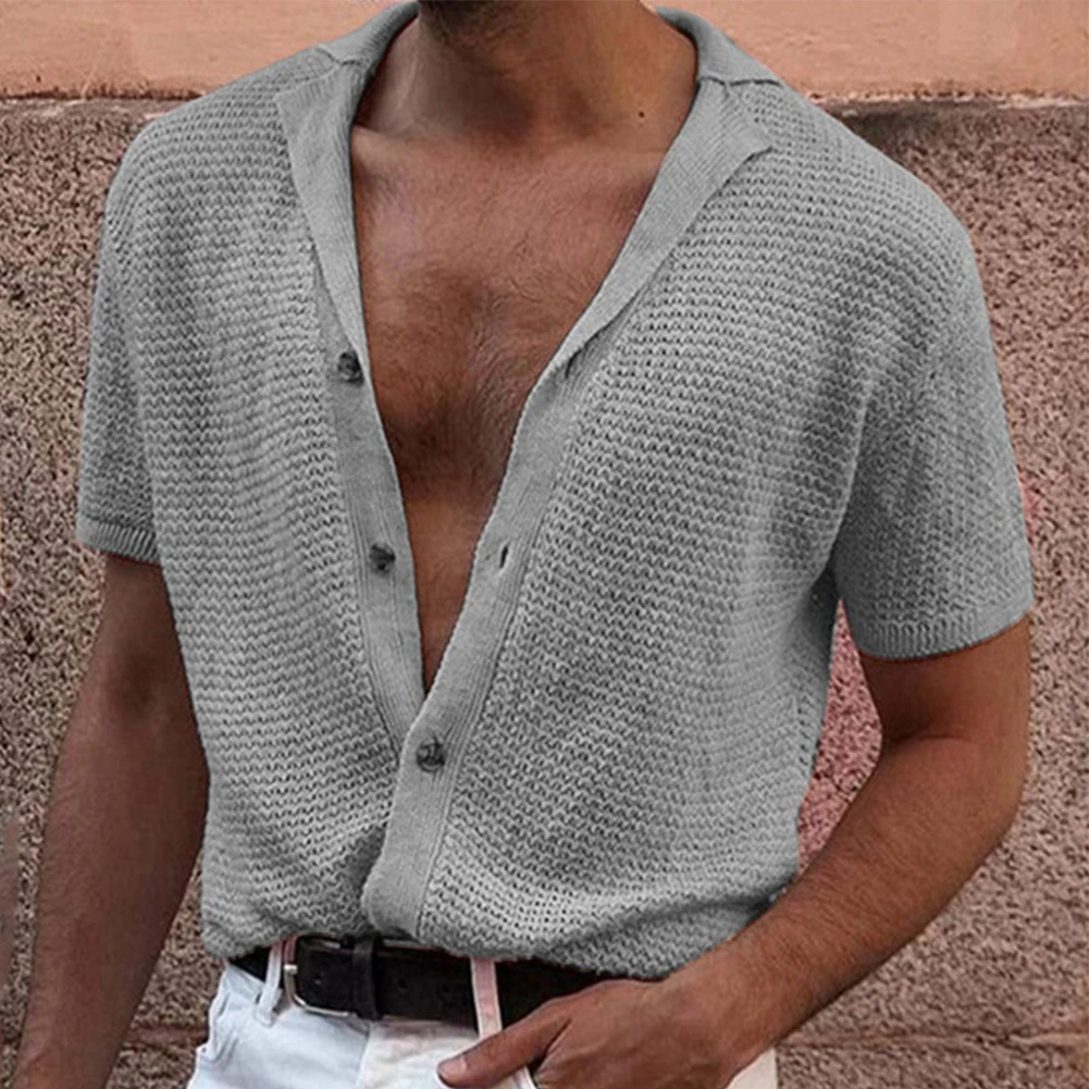 

Handsome Men Button Up Shirts Summer Knitting Tops Beach Tee Short Sleeve T-shirts Fashion Blouse Breathable Button-Down Shirts