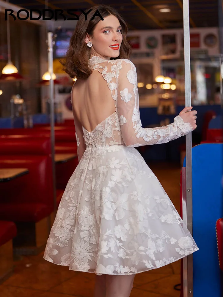 RODDRSYA High Neck Long Sleeves A Line Wedding Dress 2 in 1 Short Lace Vestidos De Novia Elegant Tulle Made Bridal Party