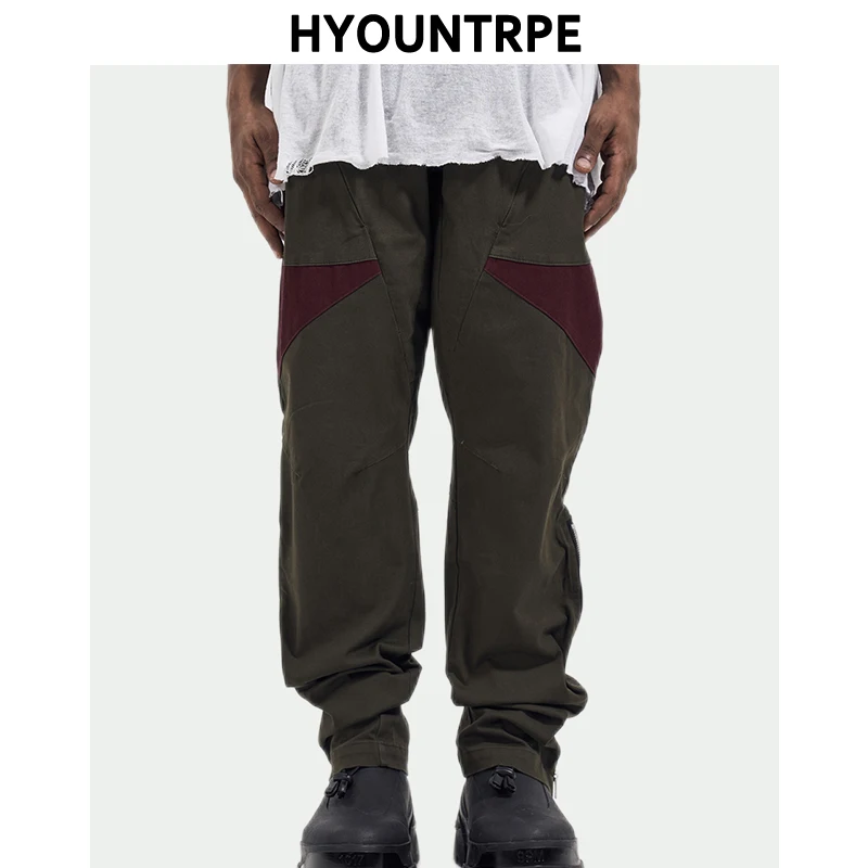 Hip Hop Pants Retro Cargo Straight Pants Mens Patchwork Side Zipper Harajuku Streetwear Joggers Men Casual Loose Cotton Trousers
