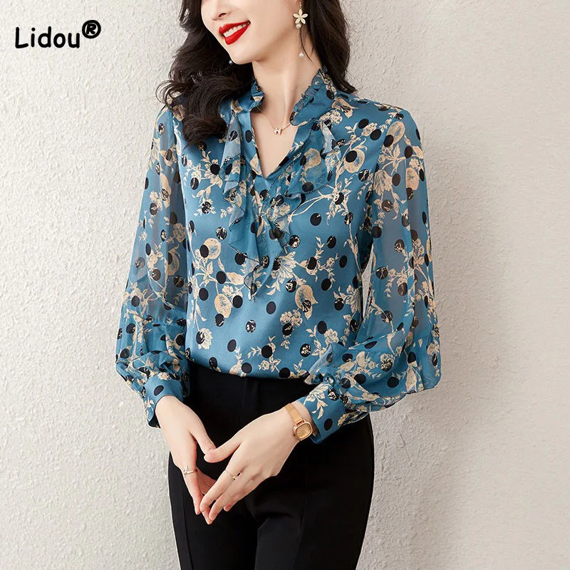 

Simplicity Office Lady V-Neck Splicing Stringy Selvedge Polka Dot Blouses Spring Autumn Printing Long Sleeve Chiffon Women Shirt