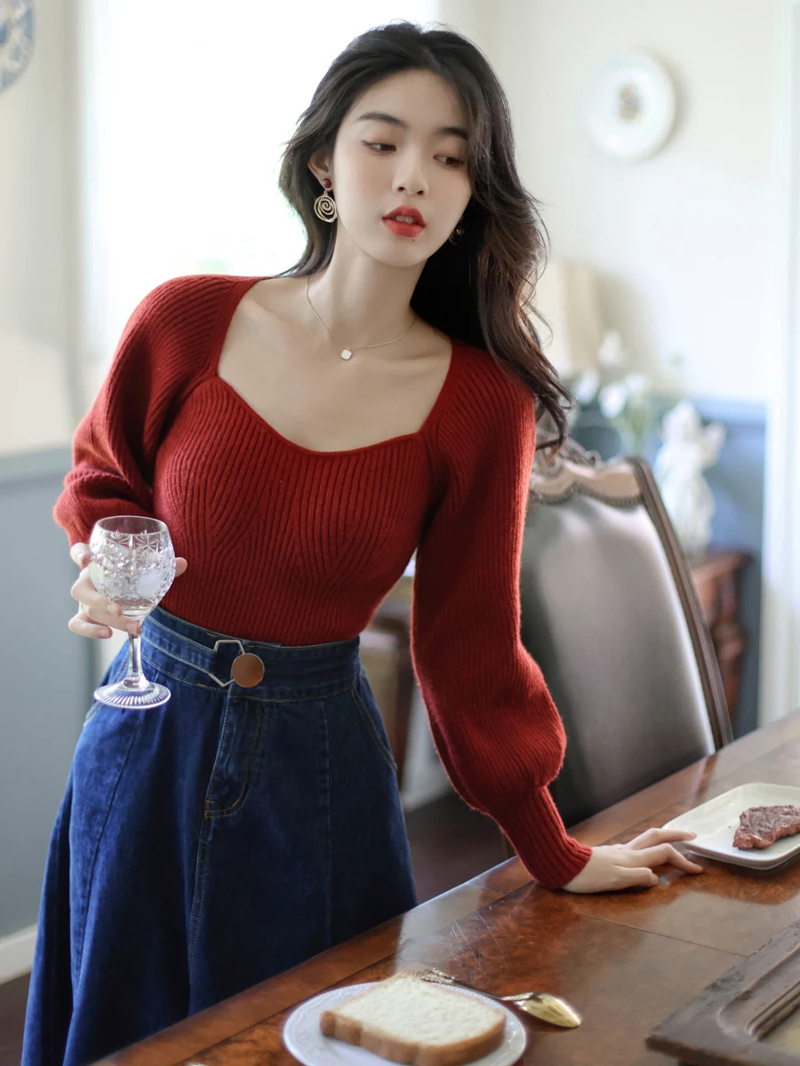 French Vintage Style Sweater Denim Skirt Set Women Elegant Piece