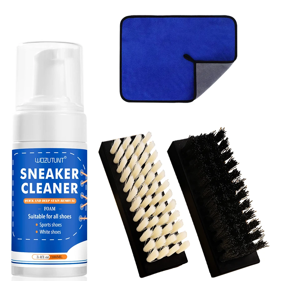 White Shoe Cleaner Kit for Sneakers Canvas Nubuck Suede Decontamination with 2 Brush and 1 Towel Set shoe cleaner