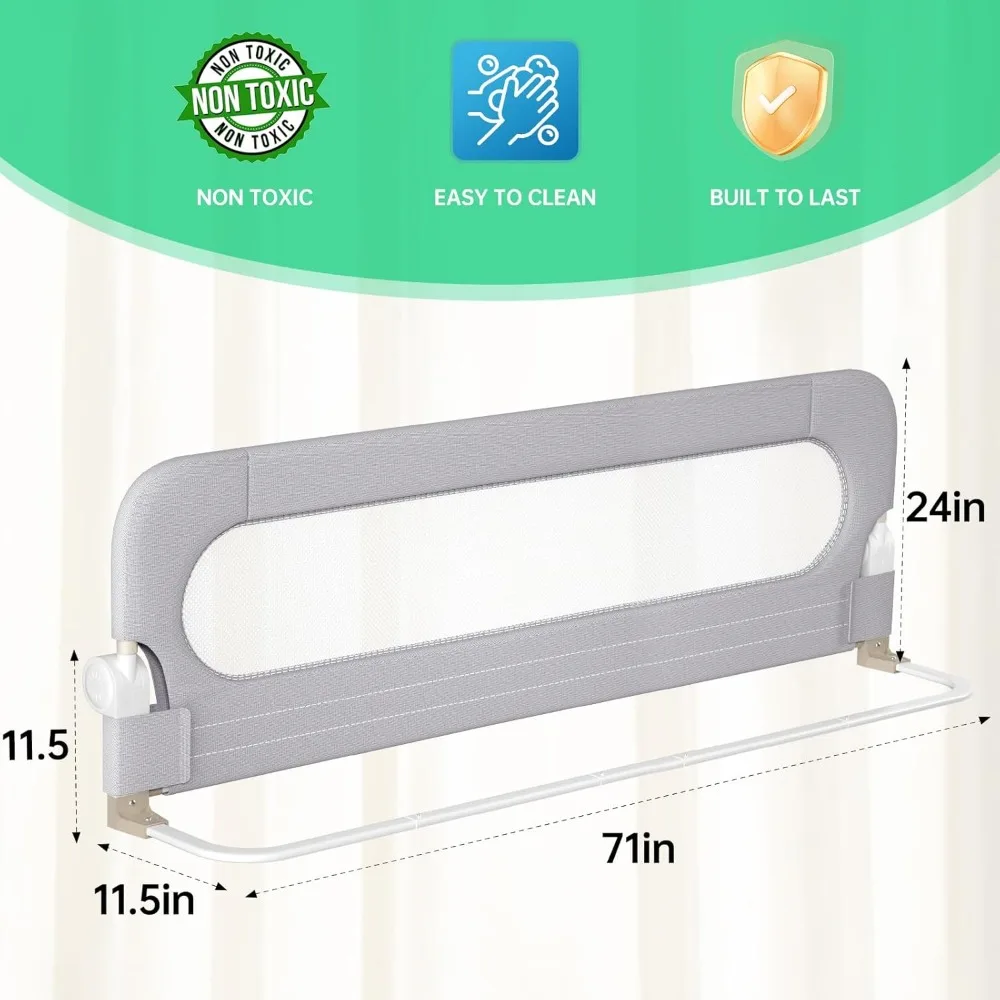 Foldable Toddler Bed Rail Guard with Safety Lock Fits Twin to King Beds Easy Installation Grey