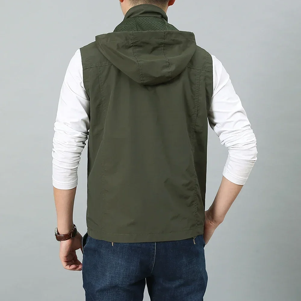 Men Summer Sleeveless Vest Men Multi Zipper Pocket Outdoor Photographer Travel Waistcoat Hat Detachable Vests Plus Size 7XL 4