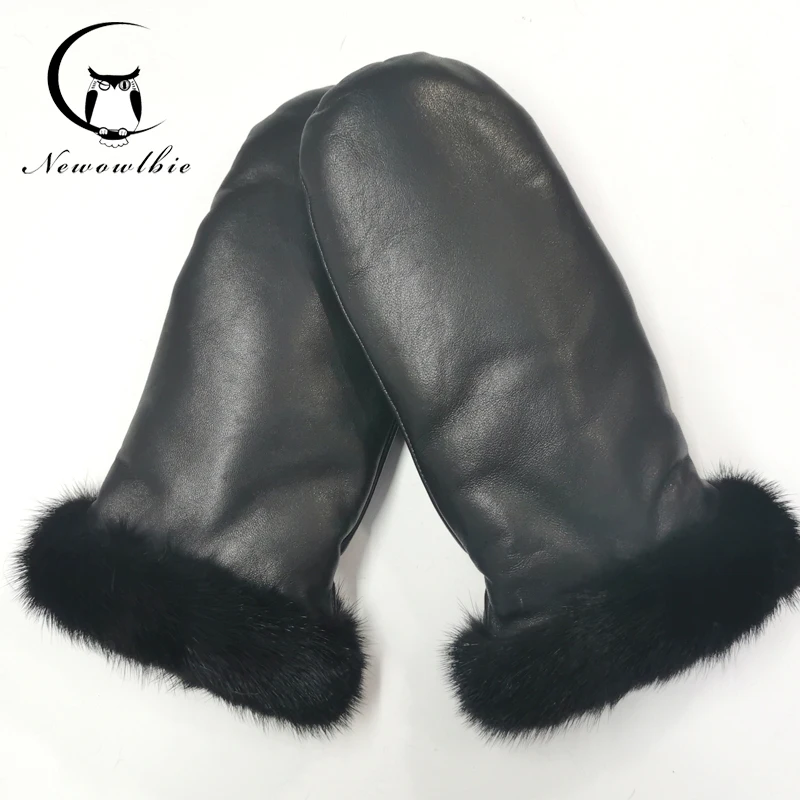 Women's leather Heavy cotton gloves 100% mink Cuffs sheepskin winter Femme Full Finger mitten Driving Windproof real fur gloves