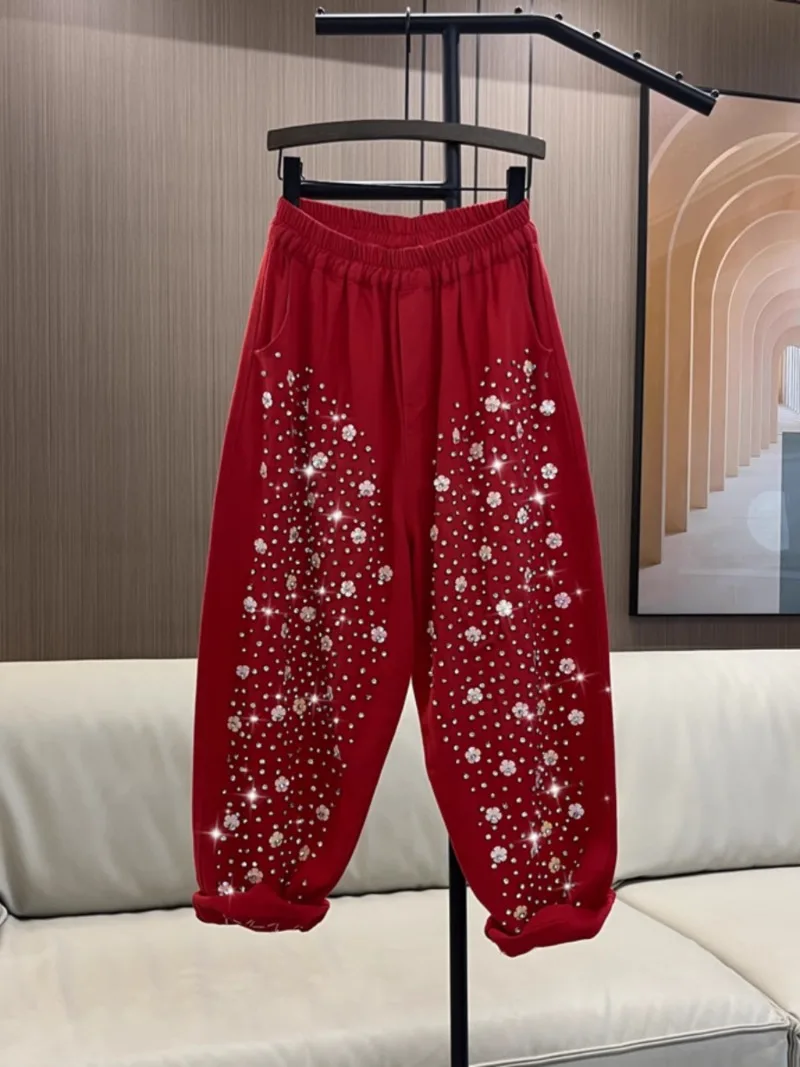 Heavy-Duty Beaded Sequined Colored Jeans Women's 2024 Spring Summer New Elastic Waist Loose Straight Personality Casual Trousers