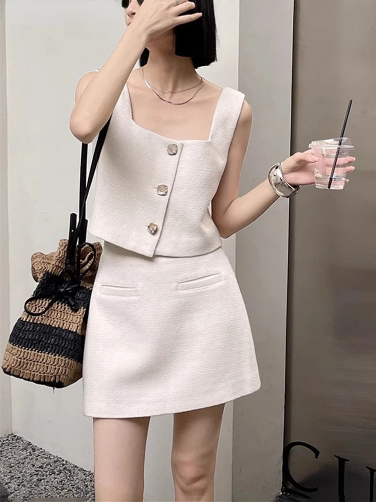 

New Elegant Summer Two Piece Set for Women Sleeveless Single Breasted Camisole + Mini Skirt Set Korean Fashion Office Lady Suits