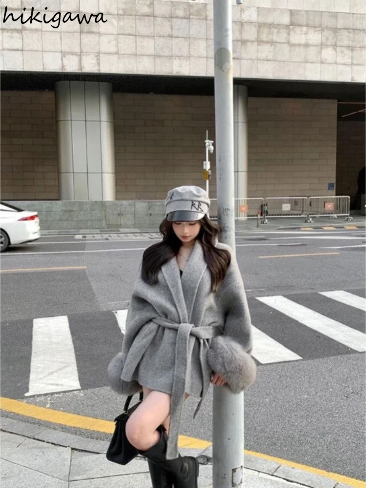 Fashion Coats for Women Patchwork Furry Long Sleeve Bandage Outwear Korean Y2k Clothing Korean Temperament Solid Color Jackets 4