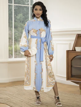 Elegant Women's Long-Sleeve Dress with Belt - Chic Geometric Print, High-Quality Polyester, Perfect for All Seasons 5