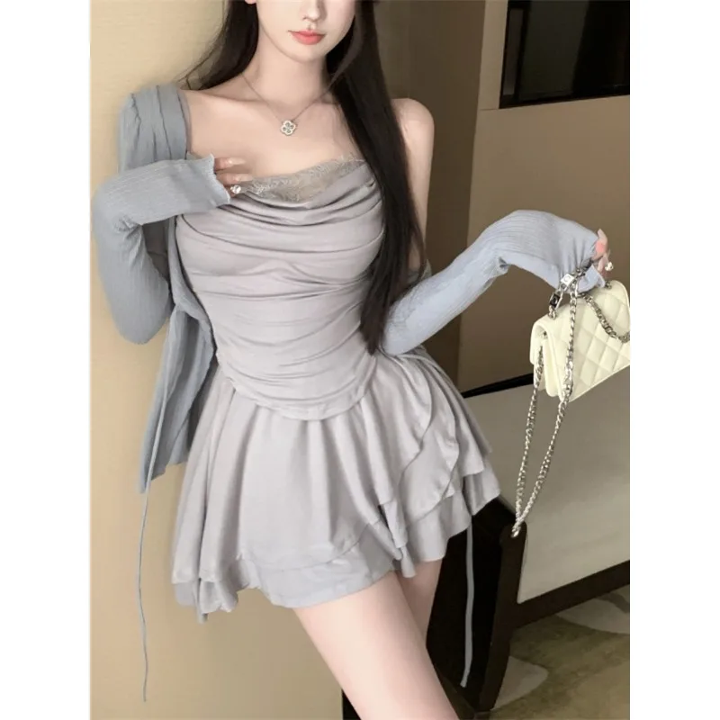 

Vintage Korean Retro High Street Lace Pleated Vest + Bandage Cardigan + Ruffles Short Skirt Suit 3 Pieces Sets Y2k Suit