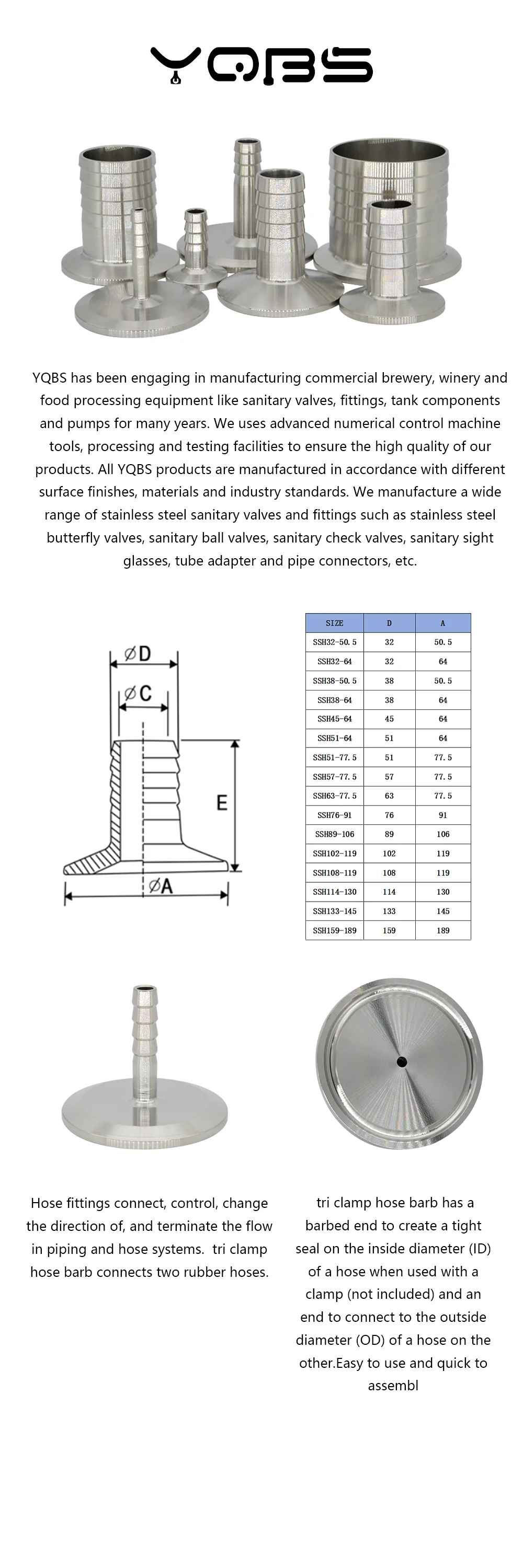 Tri-Clamp auf 38 mm 51 mm 102 mm Schlauchadapter mit Widerhaken, 304 Edelstahl, Sanitärschlauch, Rohrverschraubung, Heimbrauen – Detail 1