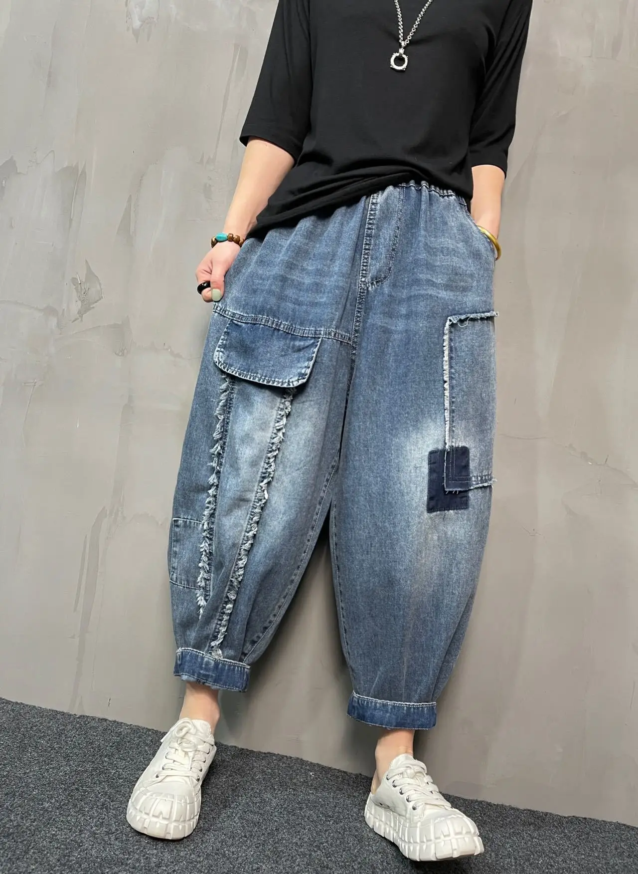 

2023 Spring Summer Vintage Raw Edge Patch Woman Jeans Casual Loose Plus Size Elastic High Waist Denim Trousers Harem Pants Women