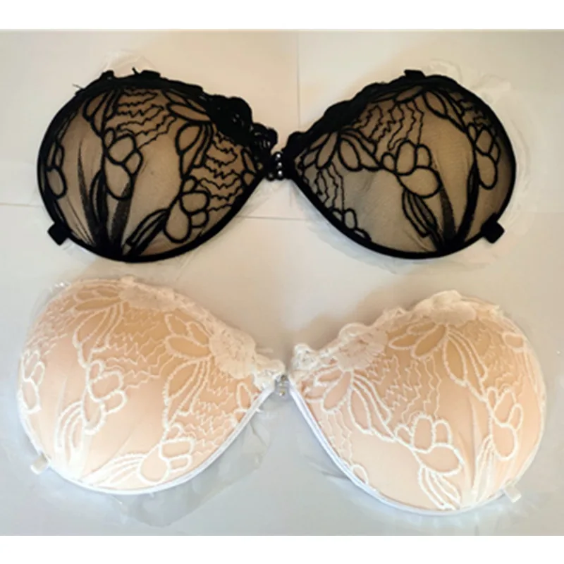 

Black & White Lace Embroidery Super Push Up Silicone Bralette Backless Strapless Invisible Pushup Sticky Bras for Women Wedding