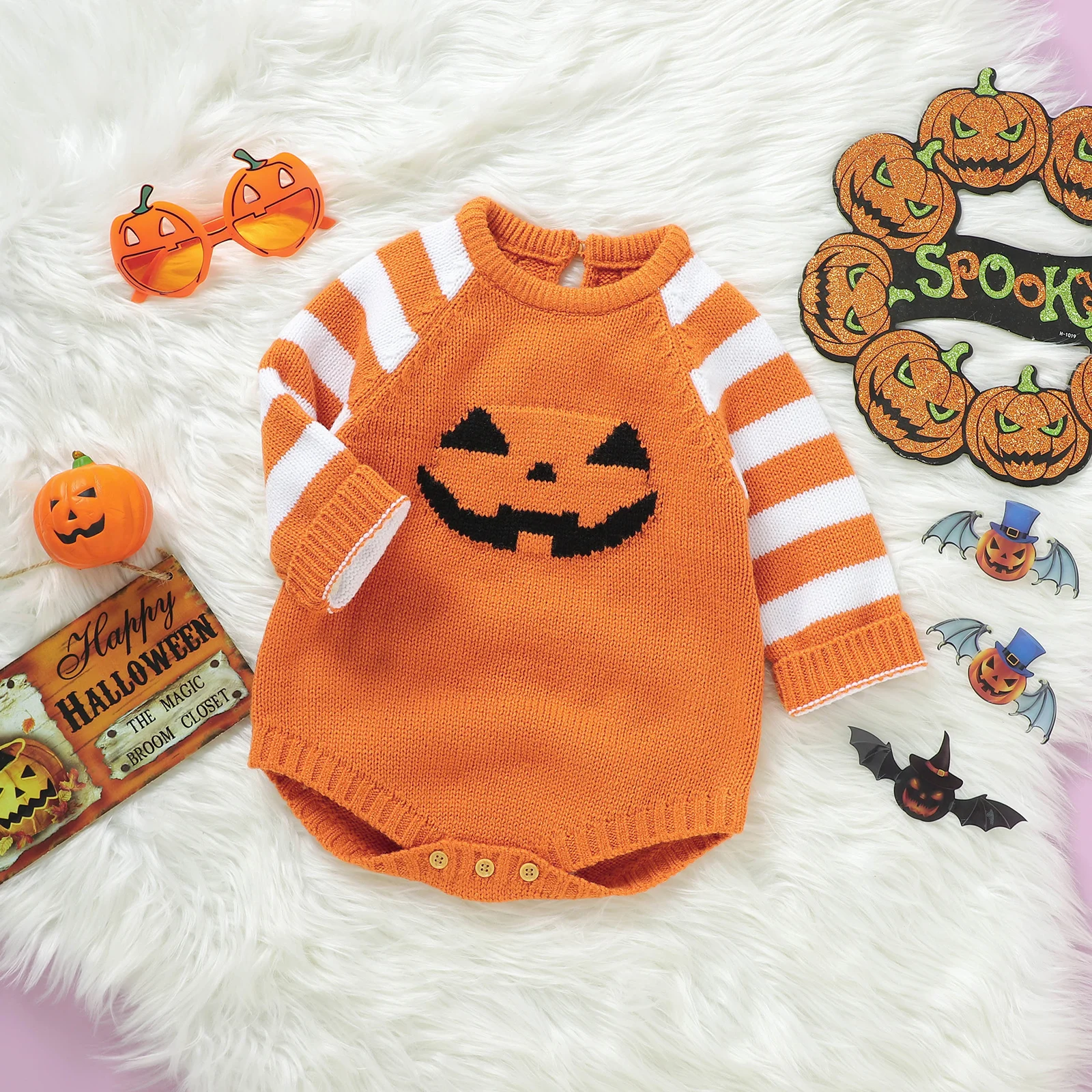 Halloween Baby Bodysuits Pumpkin Knit Newborn Boys Girls O Neck Long Sleeve Onesie Jumpsuits 0-18m Infant Toddler Winter Outfits 1