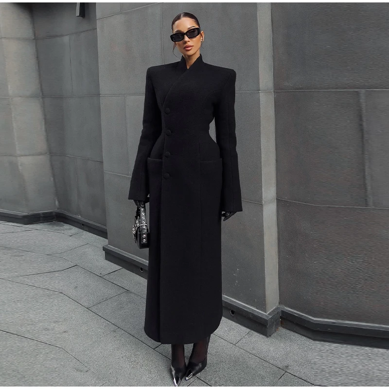 Elegant Hidden Button V-neck Long Coat Women Vintage Classic Waist-cinching Black Tweed Coats Lady Winter Chic Street Overcoats