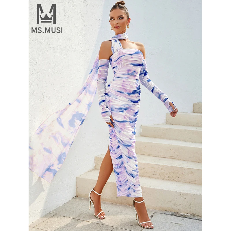 

MSMUSI 2024 New Fashion Women Sexy Halter Off The Shoulder Printing Lace Fold Long Sleeve Bodycon Party Club Event Midi Dress