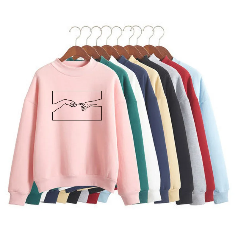 

The Creation of Adam Michelangelo Print Women Sweatshirt Korean O-neck Knitt Pullover Thick Autumn Candy Color Christian Clothes