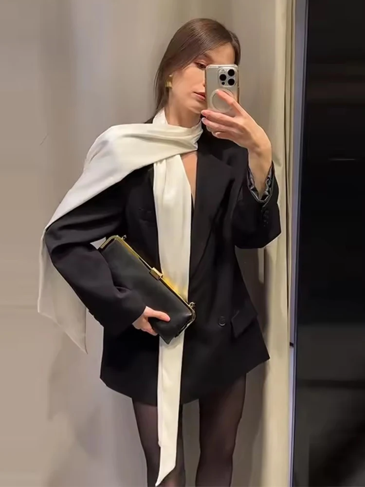 Elegant Color-block Scarf Detachable Blazer Women Chic Lapel Double Breasted Loose Jacket Female 2026 Spring Autumn Lady Coat ﻿