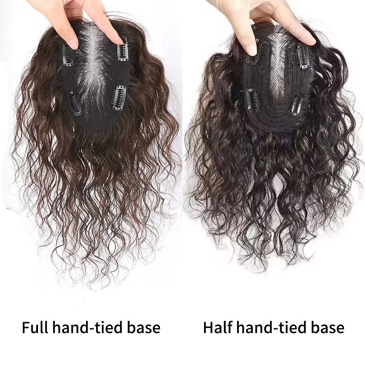 Topper per capelli umani 100% veri, versione migliorata 9x14 cm, onda d'acqua con clip invisibili, base annodata a mano, leggero e facile da indossare per donna - immagine 2