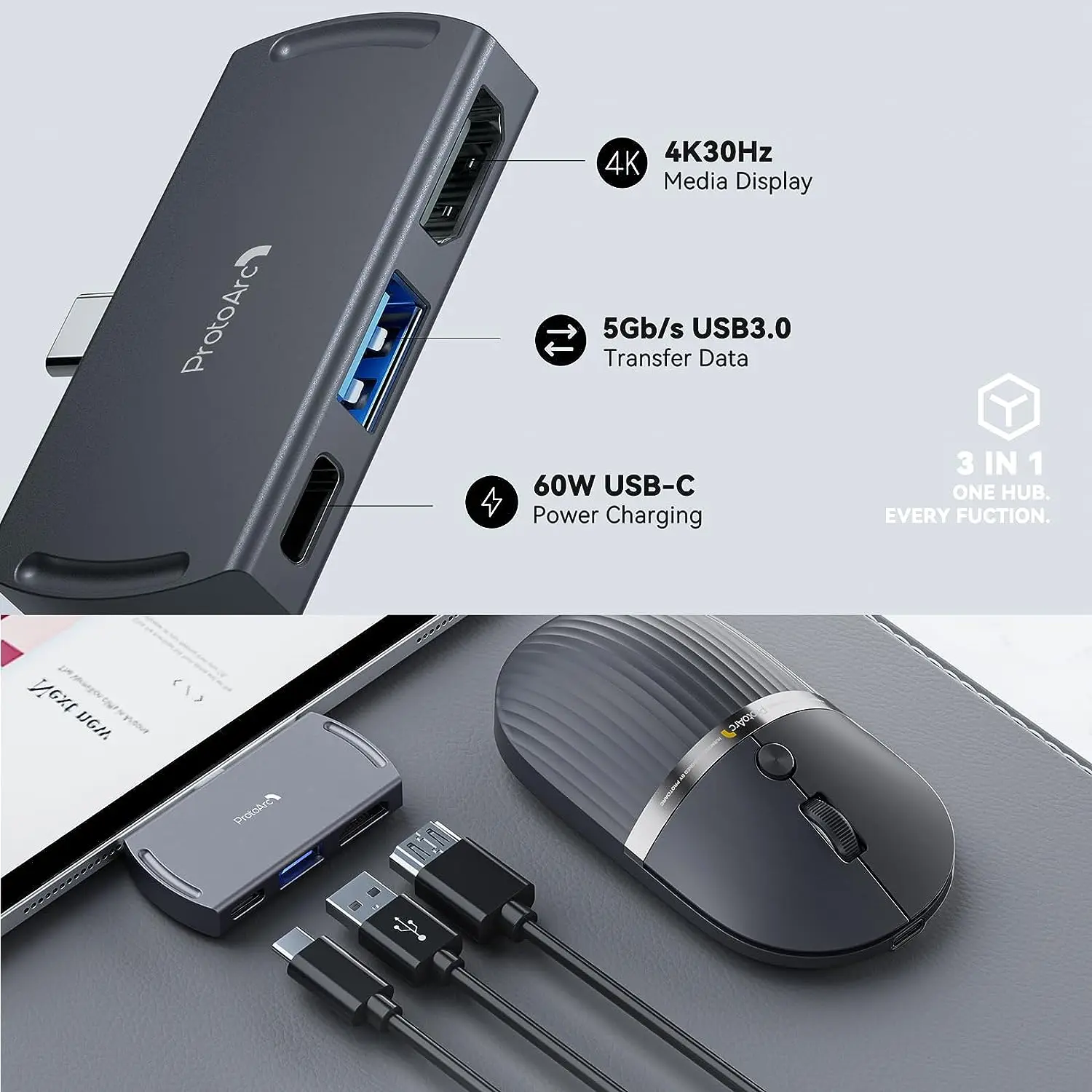Protoarc-mouse sem Fio Usb c Bluetooth Multi-dispositivo Recarregável Laptop Hub com Usb c Hub Portátil Silencioso Computador - Imagem 4